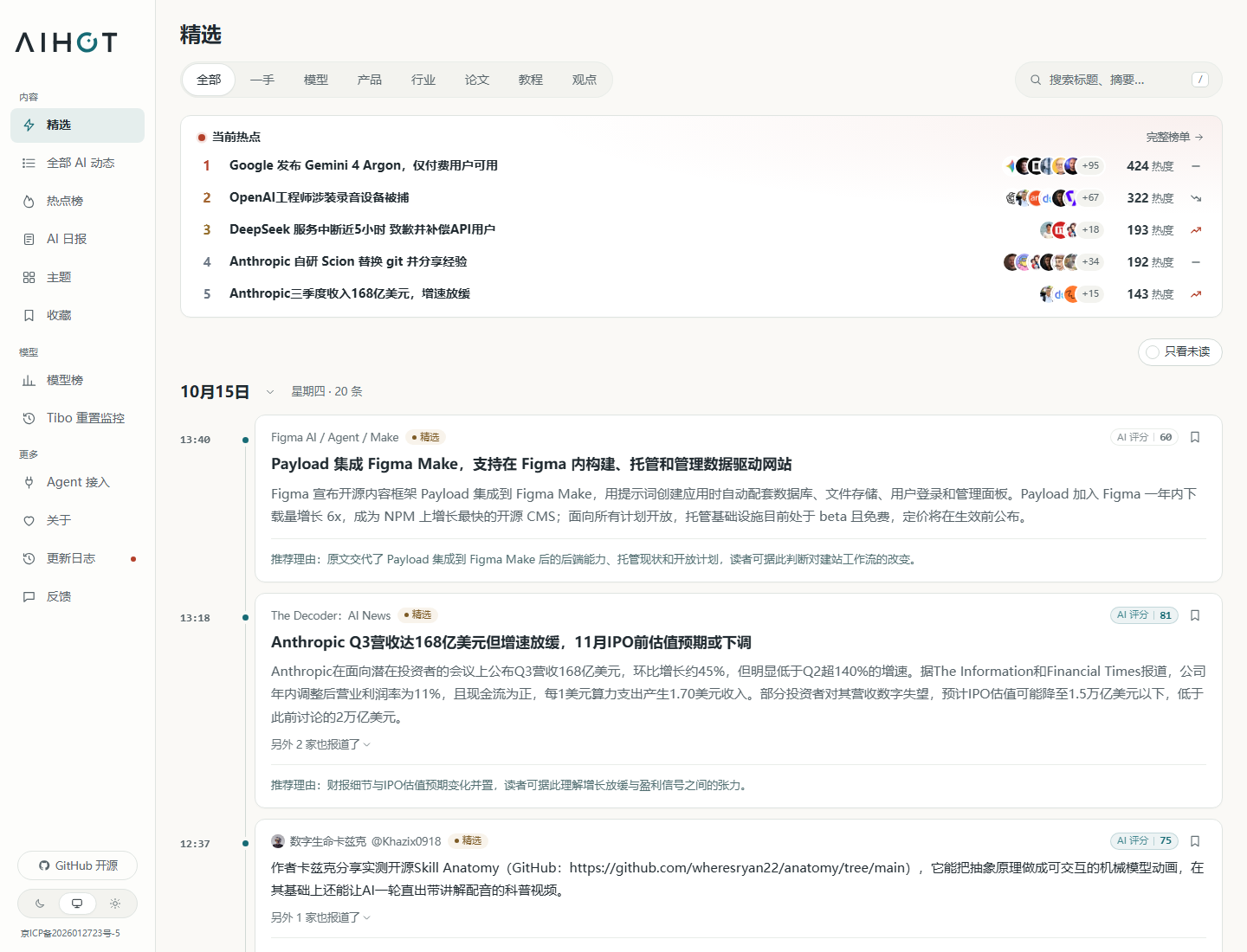 AIHOT首页的分类筛选、当前热点和精选资讯卡片
