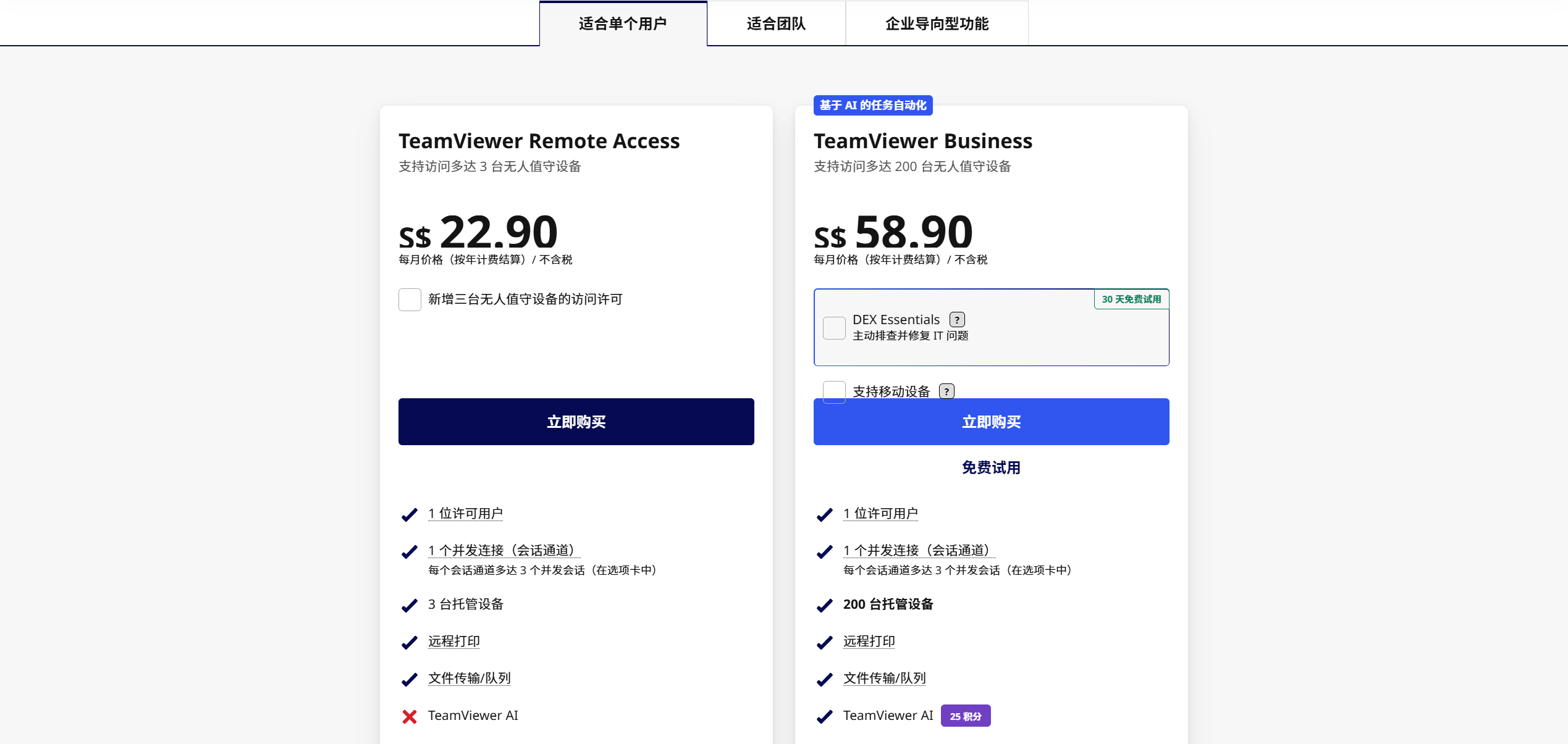 TeamViewer个人与商业远程访问定价
