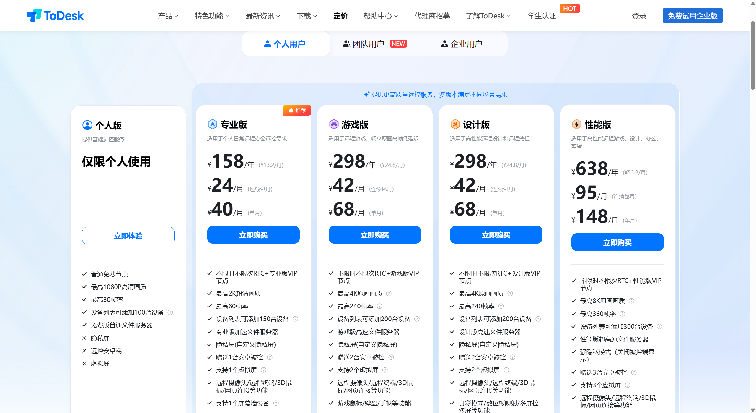 ToDesk个人用户定价与不同版本功能